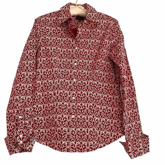 Talbots Stretch Cotton Red White Scroll Blouse 2 - Picture 1 of 6